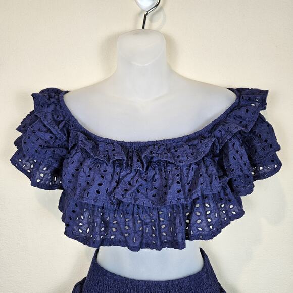 Supper Club Matching Set Shorts Crop Top Off Shoulder Eyelet Lace Ruffle Size S - Picture 4 of 16